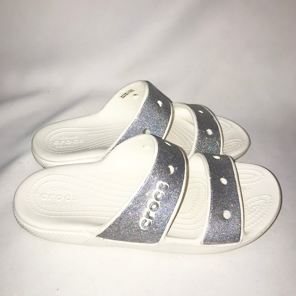 Crocs Classic Glitter Sandals Silver Strap Slides Womens 7 Mens 5 Comfort Summer - Picture 7 of 13